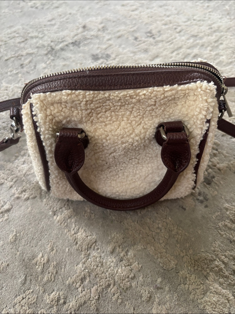 ASPEN Cream Sherpa Crossbody Bag with Dark Brown Leather Trim